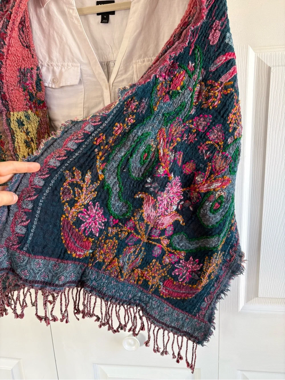 Boho Scarf Cotton Wool Floral Birds Thick Reversible Tapestry Style Artsy Shawl
